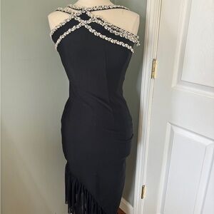 Black Embellished Crisscross Evening Dress